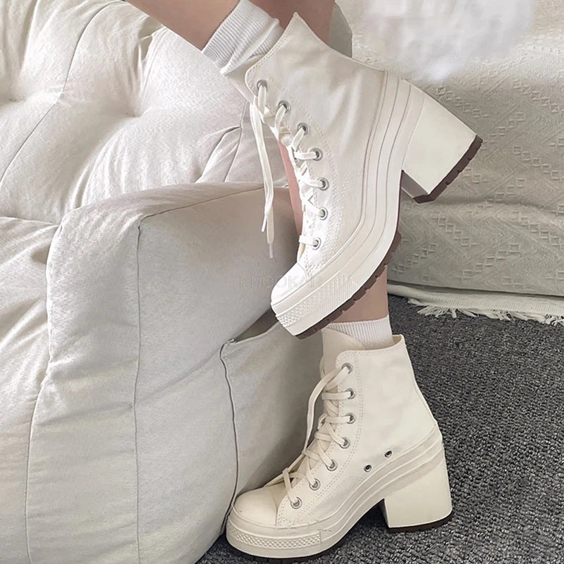 2024 Women's Canvas Shoes Lace up Fashion High Heel Ankle Boots Casual Classic Versatile Shoes