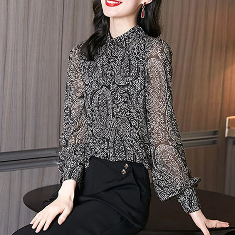 Women Vintage Ruffled Design Elegant Blouse Fashion Print Stand Collar Long Sleeve Loose Shirts Female Chic Chiffon Tops Blusas