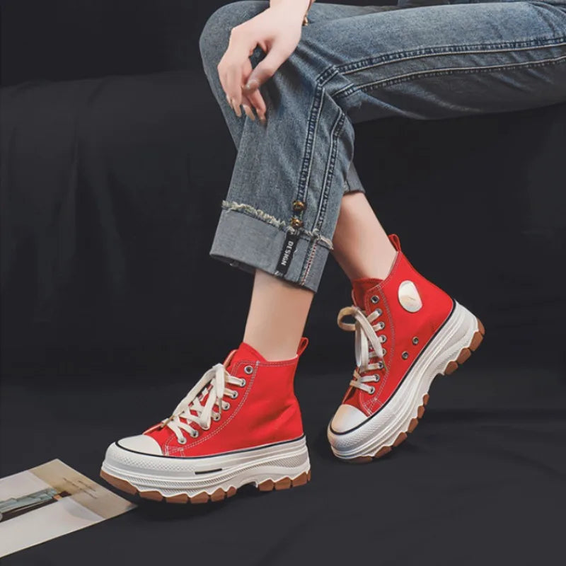 Trendy High Top Canvas Shoes for Women 2024 New Thick Sole Heightening Retro Simple Casual Vulcanized Shoes Zapatos De Mujer