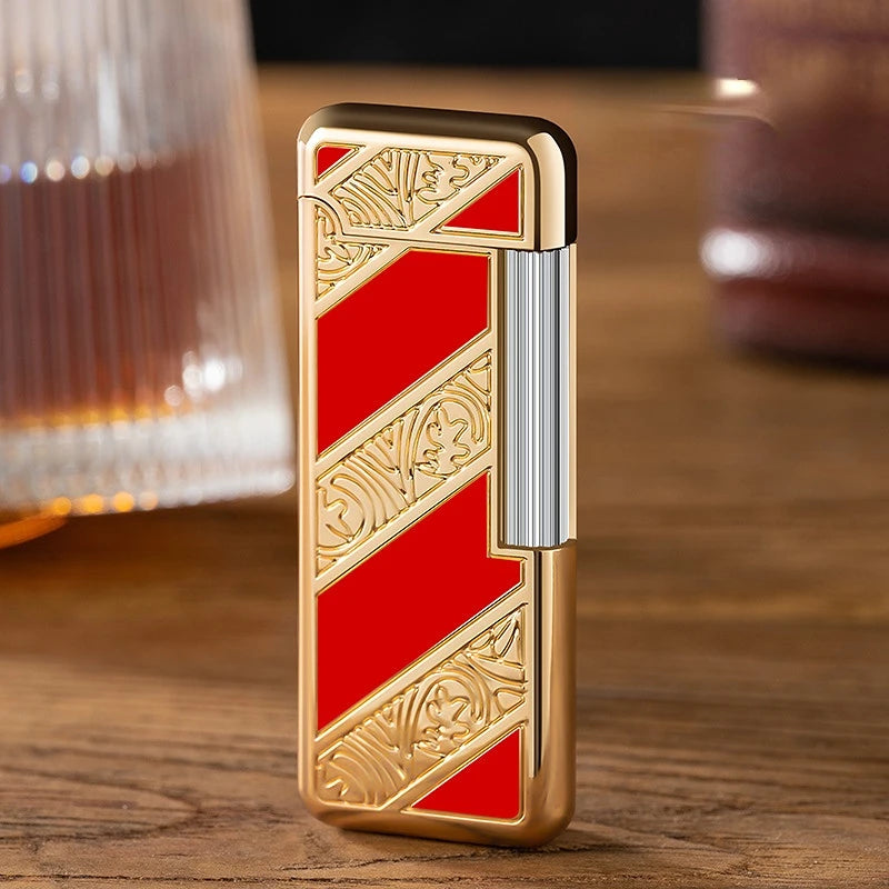 New Fashion Inflatable Butane Lighter Grinding Wheel Ultra-thin Personality Three-dimensional Embossed Lighter Gift Smoking Set