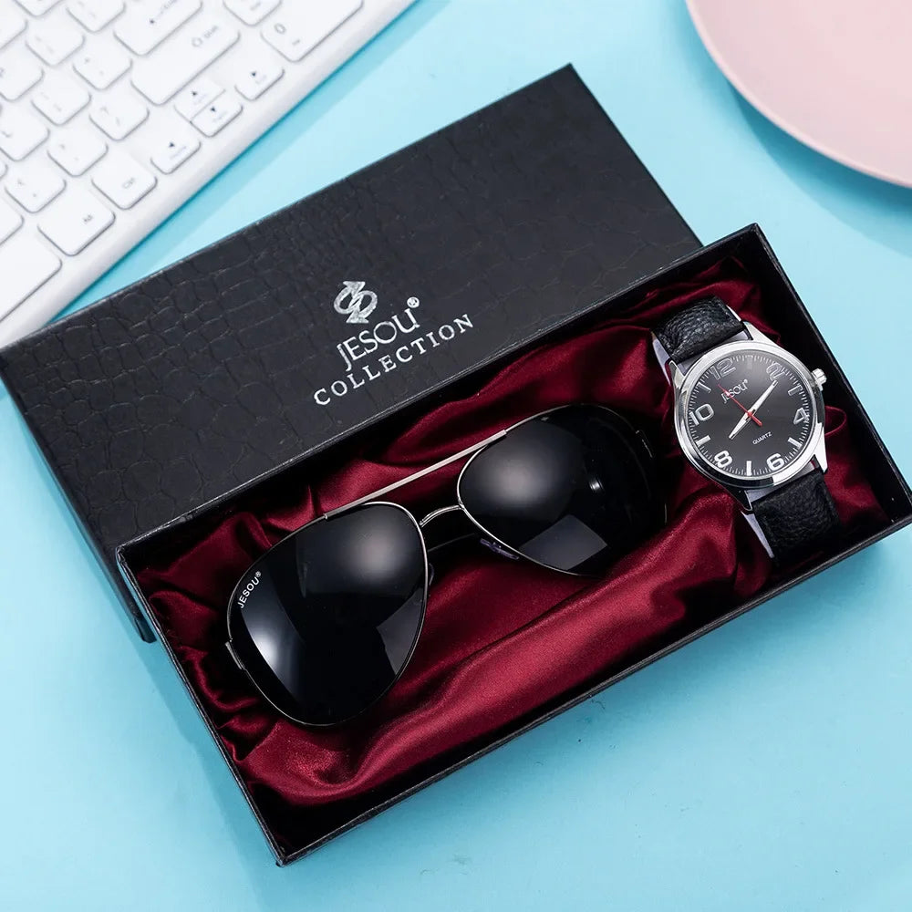 2Pcs/Set Fashion Mens Watches Set with Box Luxury Quartz Watch for Men Best Gift Mens Glasses Wristwatch Set Gift Box Male Clock