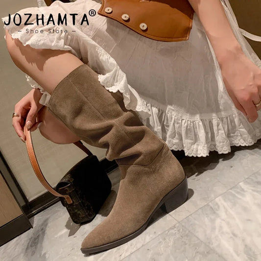 JOZHAMTA 2023 Western Women Knee-High Boots Autumn Winter Cow Suede Leather Quality Office Lady Casual Shoes Woman New Boot