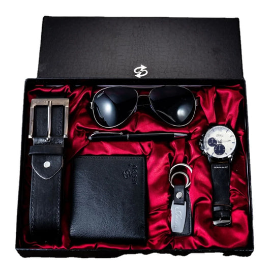 6Pcs/Set Fashion Mens Watches Set Luxury Gift Box Watch for Men Belt Glasses Keychain Pen Wallet Male Wristwatch Set with Box