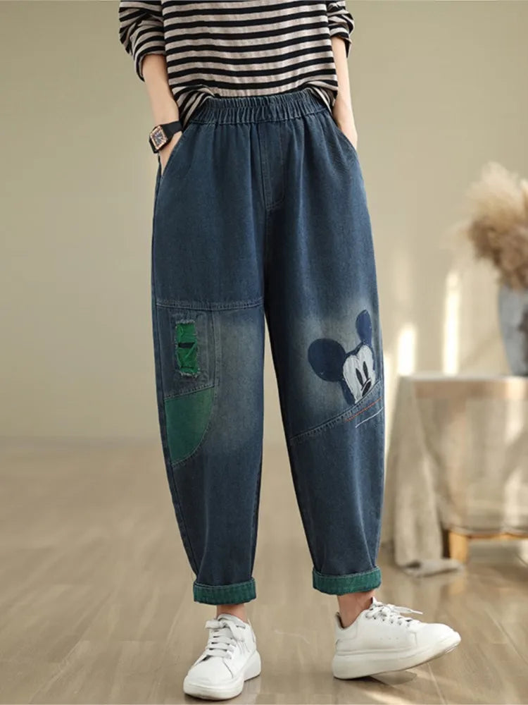 Oversized Jeans Autumn Cartoon Print Pant Women Casual Loose Pleated Fashion Ladies Trousers Elastic High Waist Woman Harem Pant