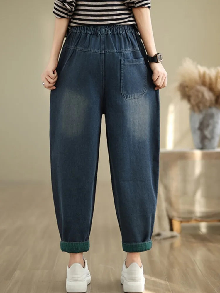 Oversized Jeans Autumn Cartoon Print Pant Women Casual Loose Pleated Fashion Ladies Trousers Elastic High Waist Woman Harem Pant