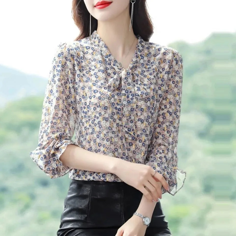 Women Spring Summer Style Chiffon Blouses Shirts Lady Casual Long Sleeve Bow Tie Collar Leopard Printed Blusas Tops DF4926