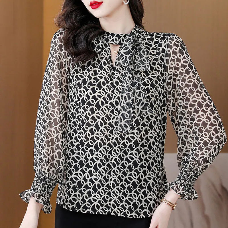 Office Lady Scarf Collar Drawstring Blouse Fashion Wave Cut Printed Elegant Cut Out Spring Autumn Long Sleeve Shirring Shirt New