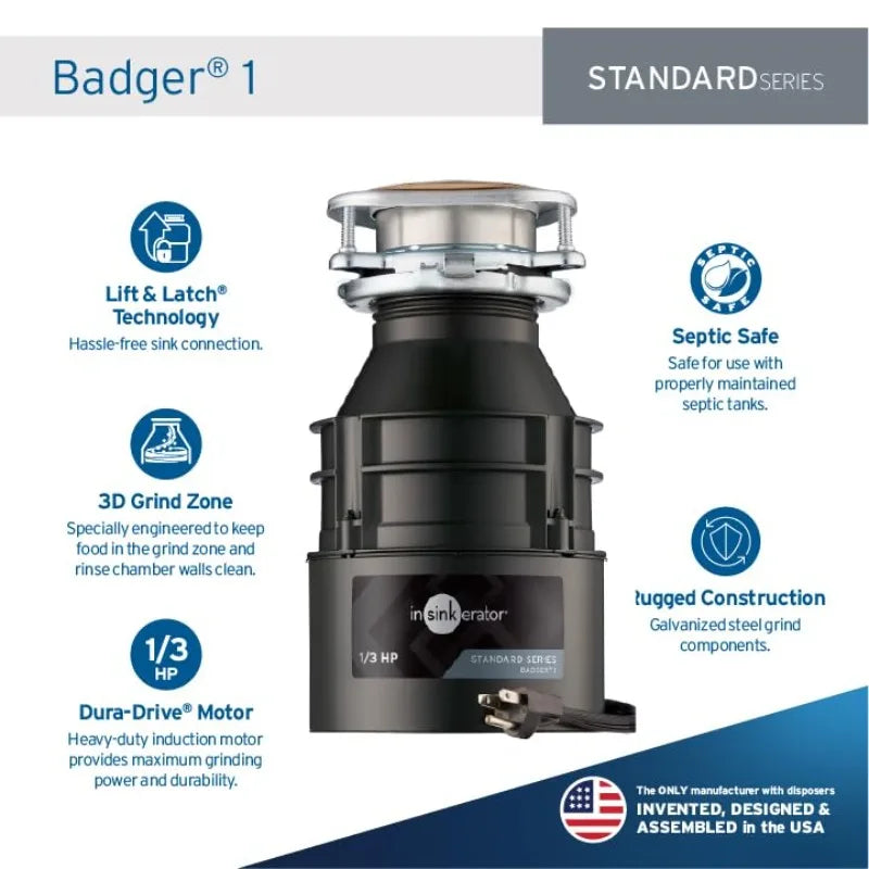 InSinkErator Garbage Disposal with Power Cord, Badger 1, Standard Series, 1/3 HP Continuous Feed, Black