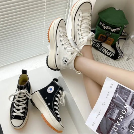 Women Cloth Flat Shoes Spring and Autumn Fashion High Top Canvas Running Casual Thick Soled Increased Walking Tennis Sneakers