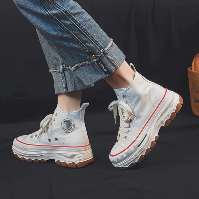 Trendy High Top Canvas Shoes for Women 2024 New Thick Sole Heightening Retro Simple Casual Vulcanized Shoes Zapatos De Mujer