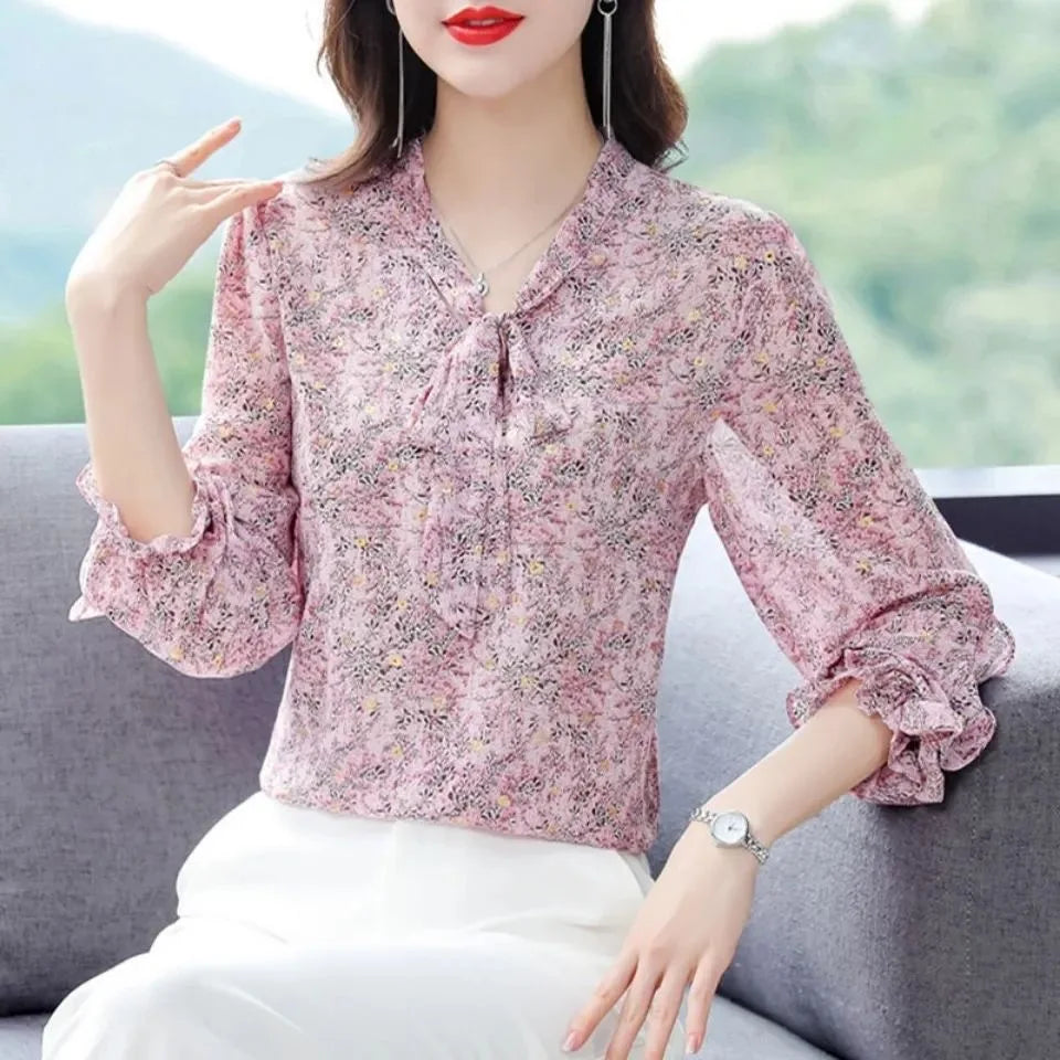 Women Spring Summer Style Chiffon Blouses Shirts Lady Casual Long Sleeve Bow Tie Collar Leopard Printed Blusas Tops DF4926