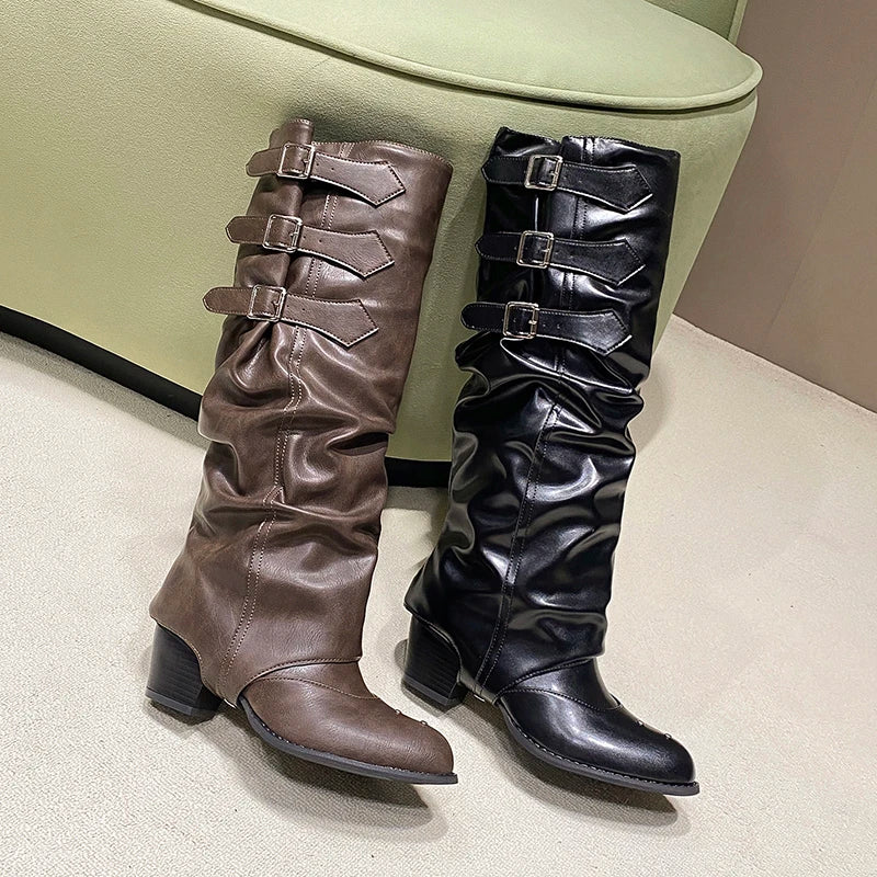 Women's Removable Boot Shaft Riding Shoes New Autumn Pointed Toe Chunky Heel Women's Knee High Boots Retro Women's Knight Boots