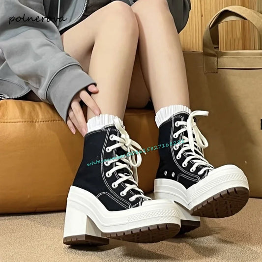 Fashion Canvas Lace-Up Pumps Chunky Heels Round Toe Pumps Thick Sole Party Daily Shoes for Women 2023 Autumn Newest Leisure Sexy