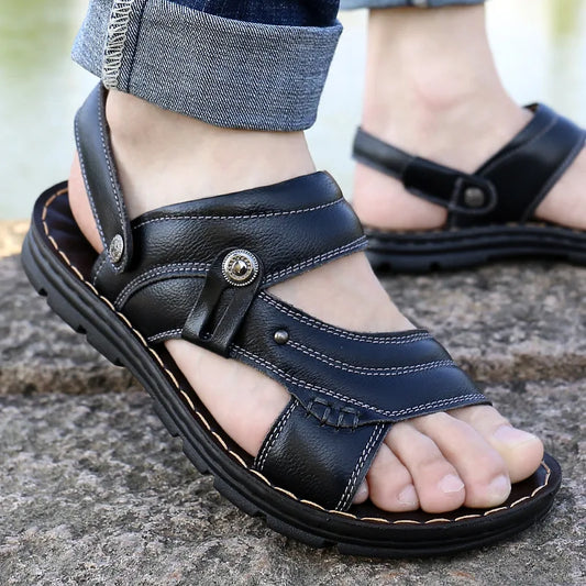 Men's Summer New Sandals Men's Leather Sandals Adult Thick-soled Beach Shoes Non-slip Open-toed Sandals Man Summer Slippers