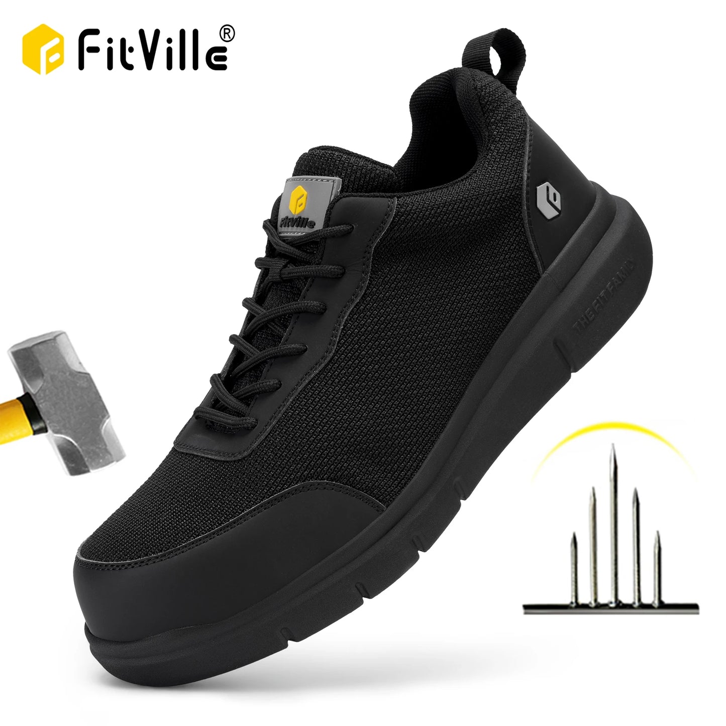 FitVille Men's Safety Shoes Construction Indestructible Shoes Steel Toe Cap Work Boots for Male Swelling Feet Pain Relief