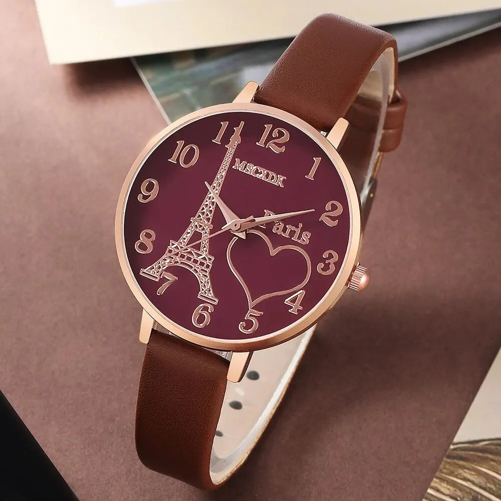 Fashion Watch Glasses Set Casual Leather Belt Watches Women Simple Sunglasses Ladies Iron Tower Dial Quartz Wristwatches Dress C