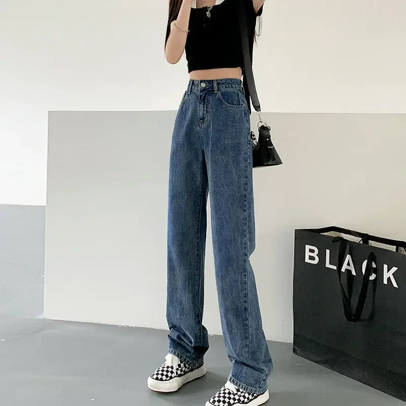 Korean Style Wide-leg Jeans Women's Summer Thin 2024 New High-waisted Draped Straight-leg Loose-fit Trailer Pants