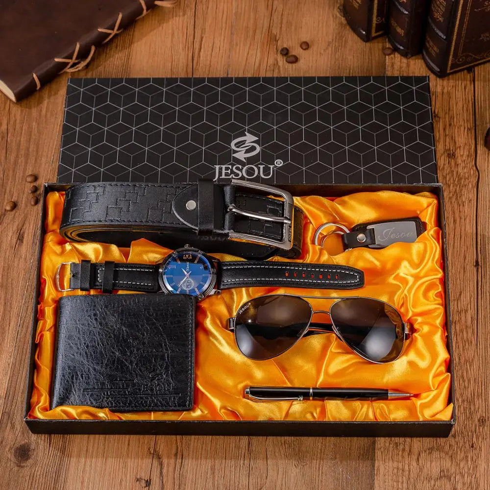 Fashion 6pcs/set Men's Boutique Gift Set Black Brown Quartz Watch Glasses Belt Wallet Keychain Ballpoint Pen Suit With Box Gifts