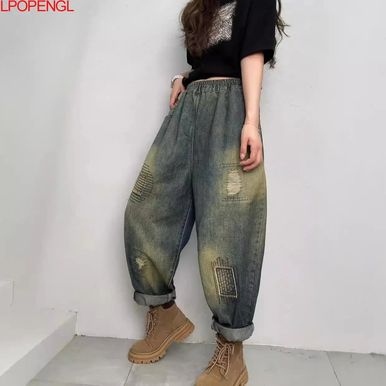 Women's Fashion Autumn New Simple Distressed Ripped Patchwork Denim  Harem Pants Elasticated Waist Loose Streetwear Baggy Jeans