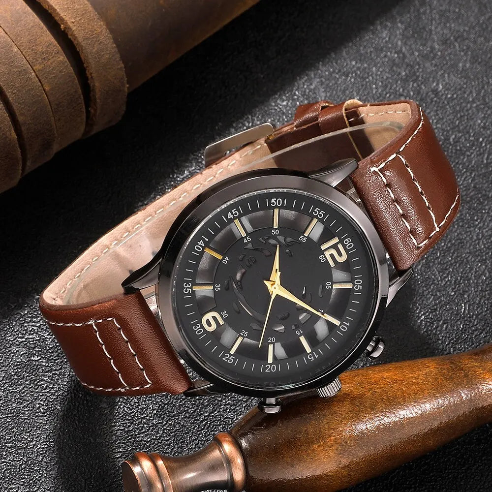 Hollow Out Men Watch Luxury Bracelet Set Fashion Business Brown Leather Quartz Wrist Watches for Men Gift Set Relogio Masculin