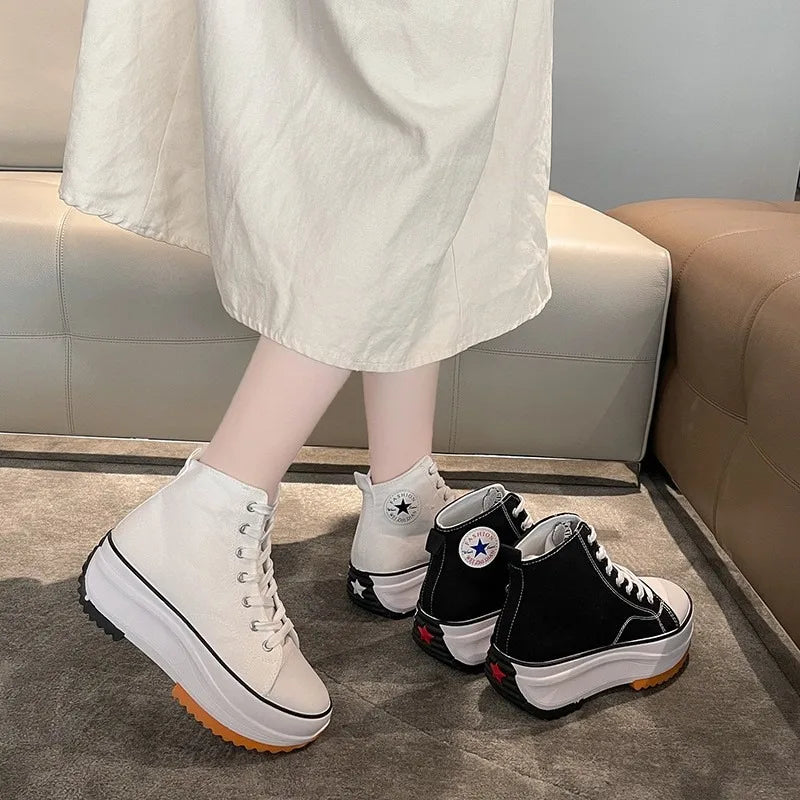 Women Cloth Flat Shoes Spring and Autumn Fashion High Top Canvas Running Casual Thick Soled Increased Walking Tennis Sneakers