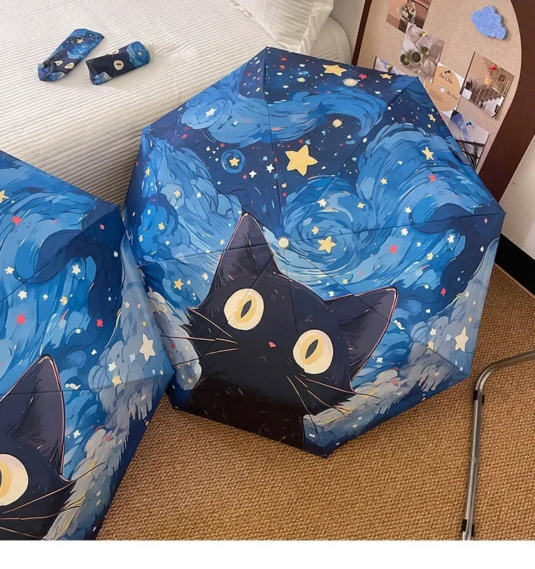 Blue Star Cat Umbrella Animal Cartoon Full Automatic Smart Sun Umbrella for Women Strong Sunshade Umbrella