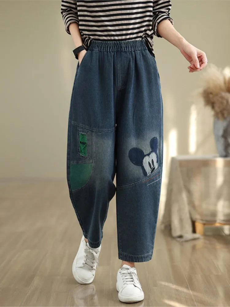 Oversized Jeans Autumn Cartoon Print Pant Women Casual Loose Pleated Fashion Ladies Trousers Elastic High Waist Woman Harem Pant