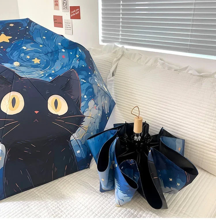 Blue Star Cat Umbrella Animal Cartoon Full Automatic Smart Sun Umbrella for Women Strong Sunshade Umbrella