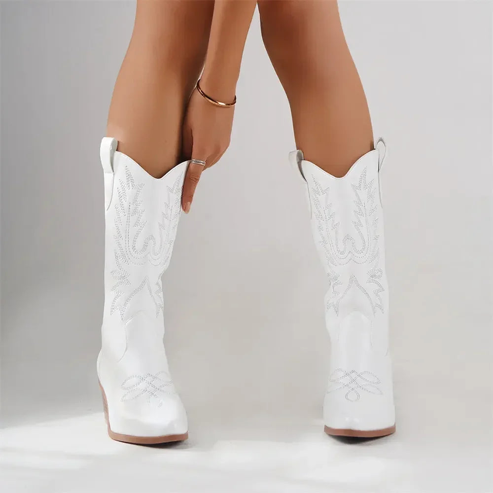 Plus size 43 High Quality Block Heels Mid-calf White Cowboy Boots Women Vintage Country Concert Western Boots Shoes