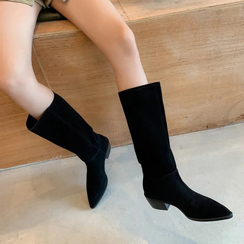 JOZHAMTA 2023 Western Women Knee-High Boots Autumn Winter Cow Suede Leather Quality Office Lady Casual Shoes Woman New Boot