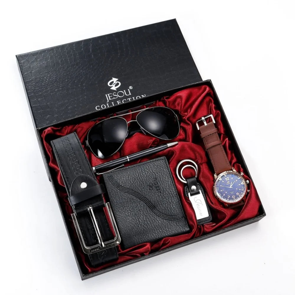 6Pcs/Set Fashion Mens Watches Set Luxury Gift Box Watch for Men Belt Glasses Keychain Pen Wallet Male Wristwatch Set with Box