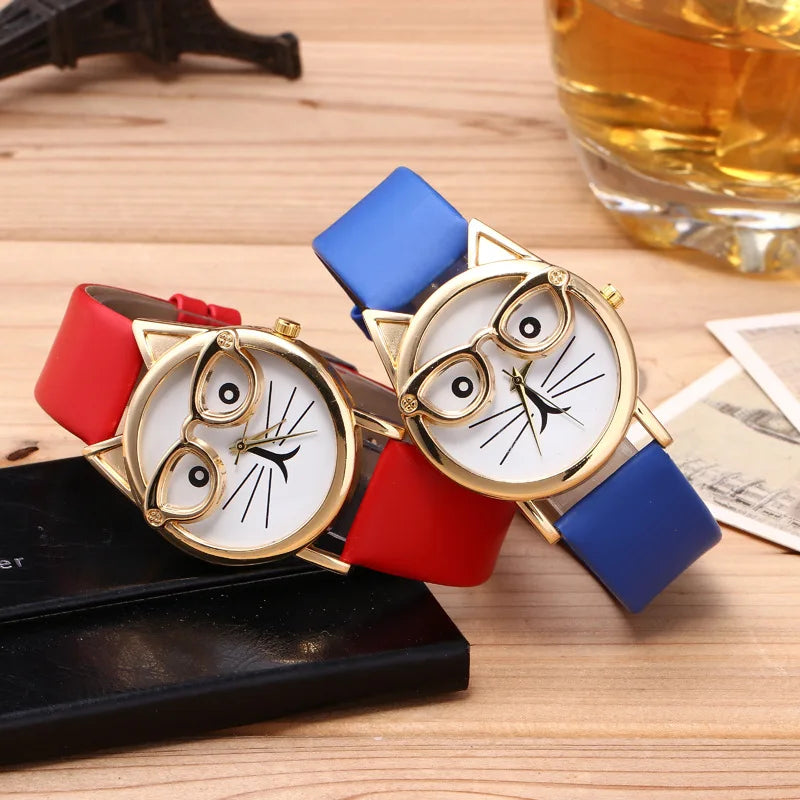 Creative Glasses Children Wristwatch Cute Cartoon Cat Women Watch Korean Fashion Big Name Simple Bracelet Gift