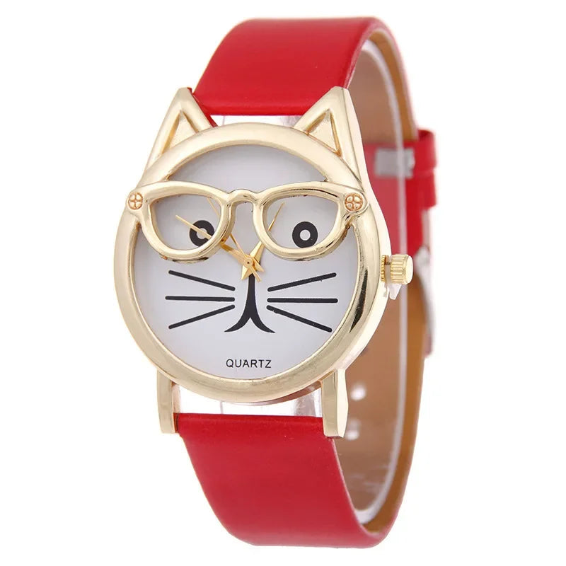 Cute Cartoon Children's Quartz Watch Beard Golden Leather Strap Girl Watch Glasses Cat Face Female Student Watch kids