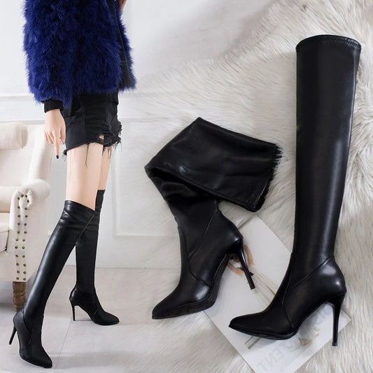 White Women's Long Boots Petite Slim Fit High Heel Knee-length Ankle Boots Rubber Upper Pointed Toe For Autumn/winter