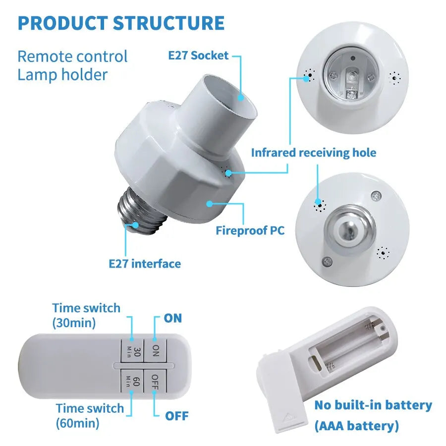 Wireless Remote Control Smart Timer Switch E27 Lamp Holder 220V House Multi Light Switch Bedroom Smart Timer ON/Off Switch E26