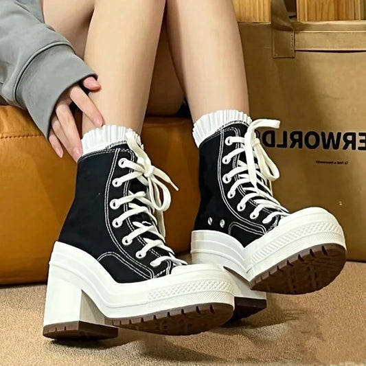 2024 Women's Canvas Shoes Lace up Fashion High Heel Ankle Boots Casual Classic Versatile Shoes