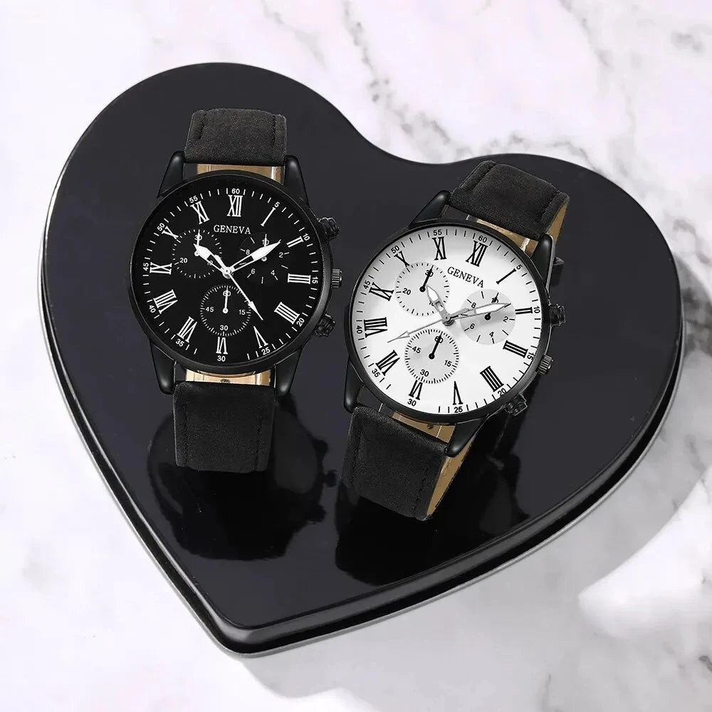 2PCS Set Couple Fashion Casual Leather Watches Ladies Simple Dial Quartz Wristwatches Dress Clock Montre Femme