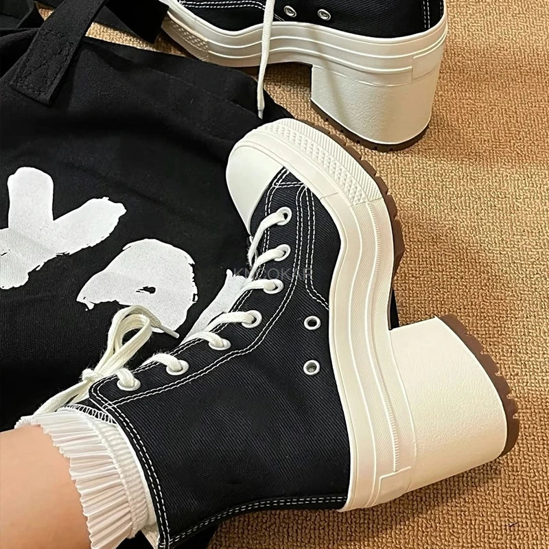 2024 Women's Canvas Shoes Lace up Fashion High Heel Ankle Boots Casual Classic Versatile Shoes