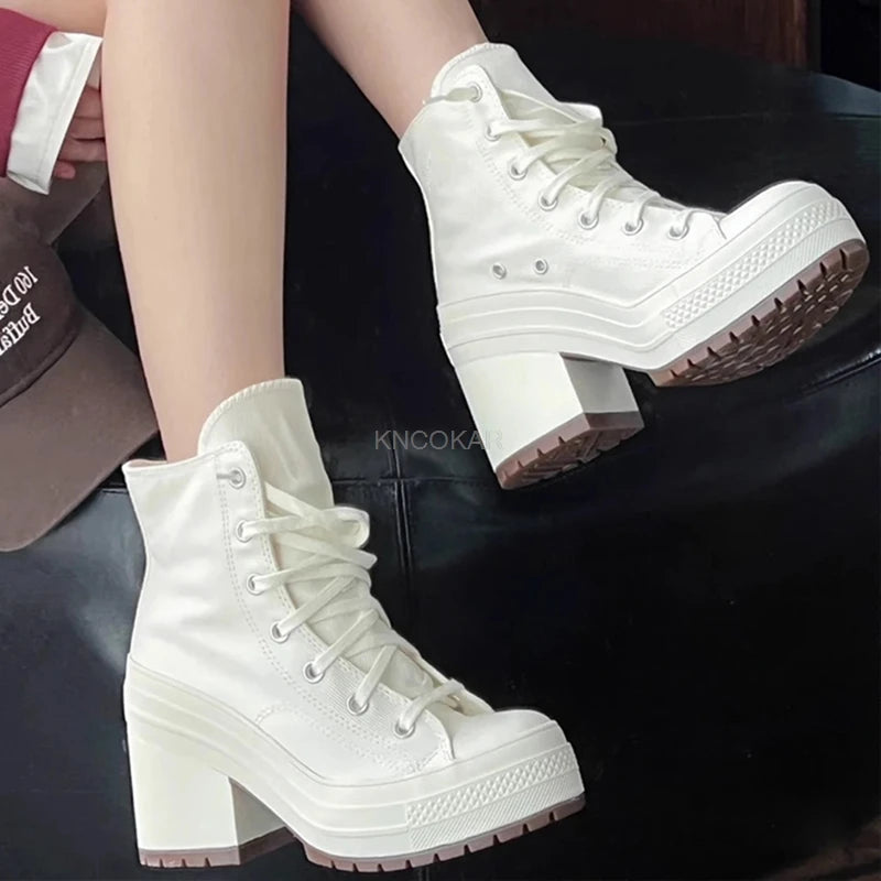 2024 Women's Canvas Shoes Lace up Fashion High Heel Ankle Boots Casual Classic Versatile Shoes