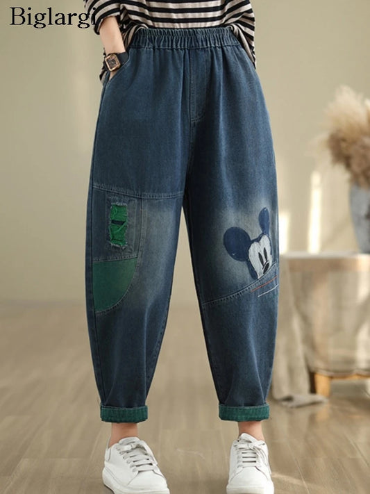 Oversized Jeans Autumn Cartoon Print Pant Women Casual Loose Pleated Fashion Ladies Trousers Elastic High Waist Woman Harem Pant