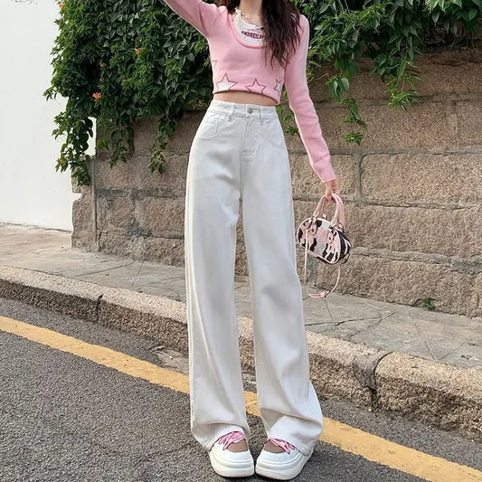 Korean Style Wide-leg Jeans Women's Summer Thin 2024 New High-waisted Draped Straight-leg Loose-fit Trailer Pants