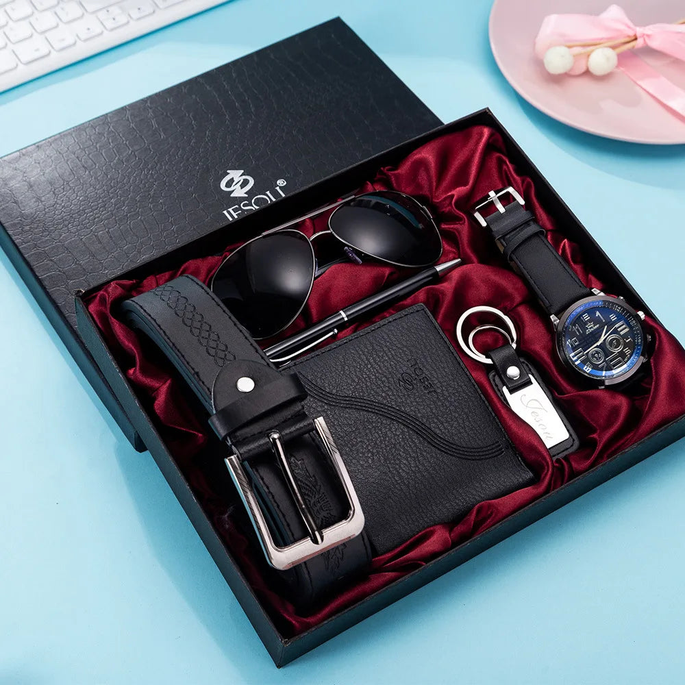 6pcs/set Boutique Gift Set Beautifully Packaged Wrist Watch Glasses Leather Belt Wallet Keychain Pen Gifts for Men Drop Shipping