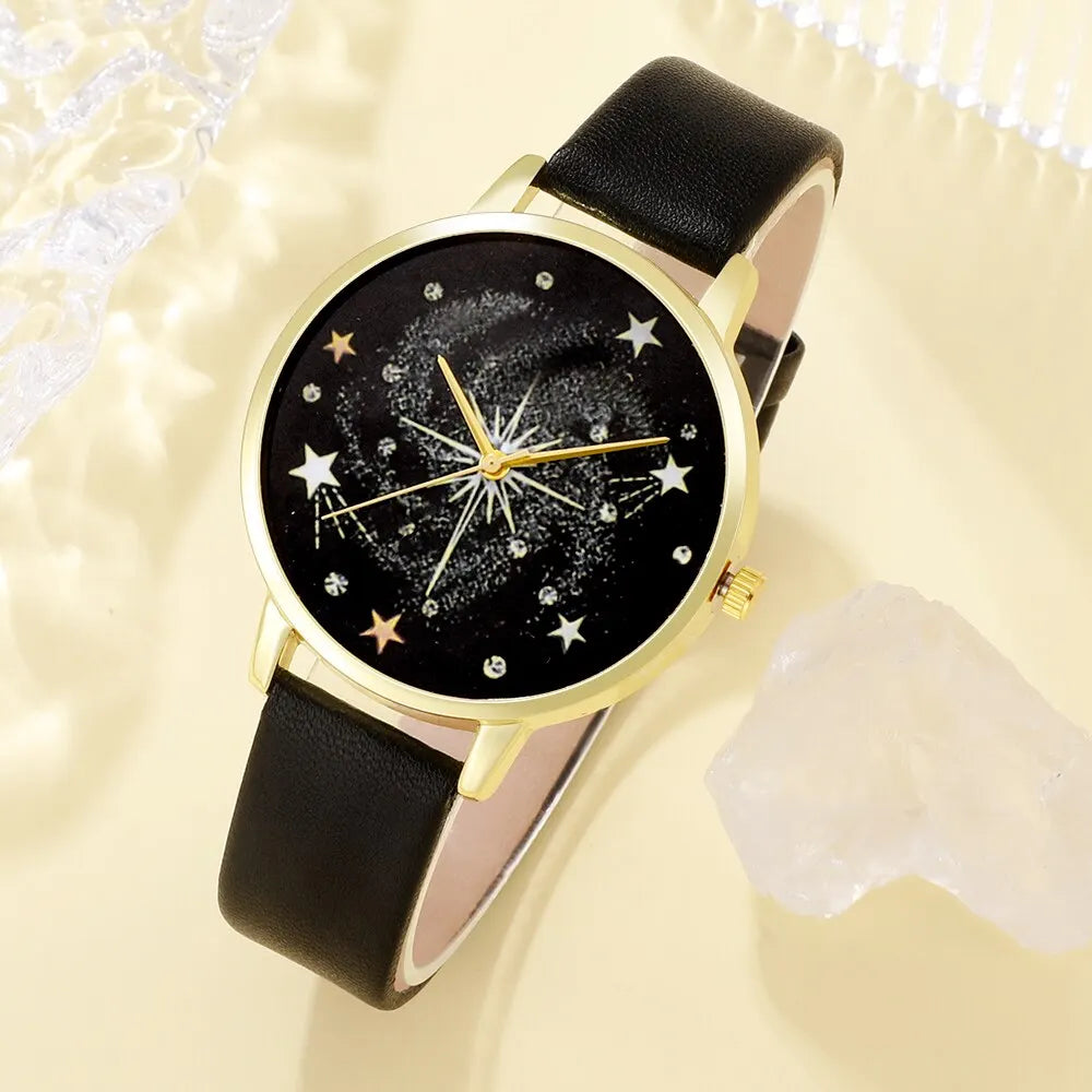 5PCS Set Women Fashion Watch Casual Leather Belt Watches Ladies Starry Sky Dial Quartz Wristwatches Dress Clock Montre Femme