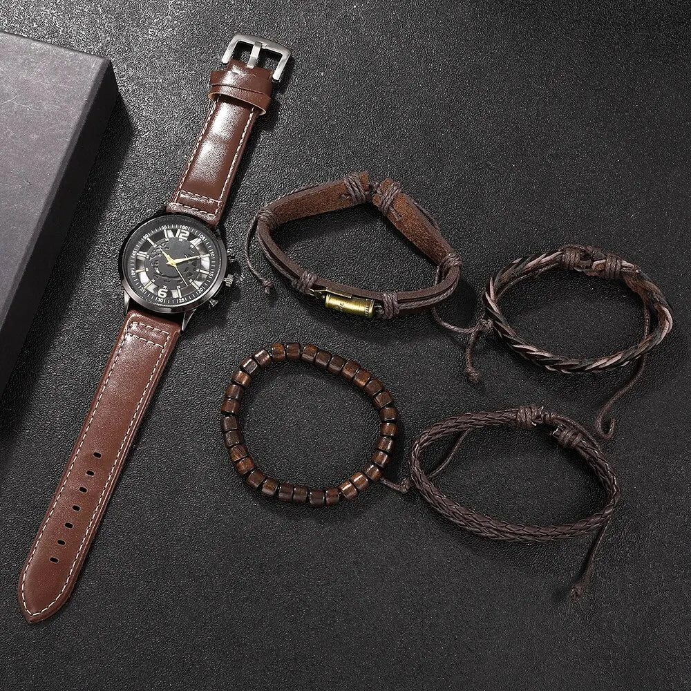 Hollow Out Men Watch Luxury Bracelet Set Fashion Business Brown Leather Quartz Wrist Watches for Men Gift Set Relogio Masculin