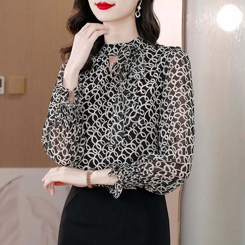 Office Lady Scarf Collar Drawstring Blouse Fashion Wave Cut Printed Elegant Cut Out Spring Autumn Long Sleeve Shirring Shirt New