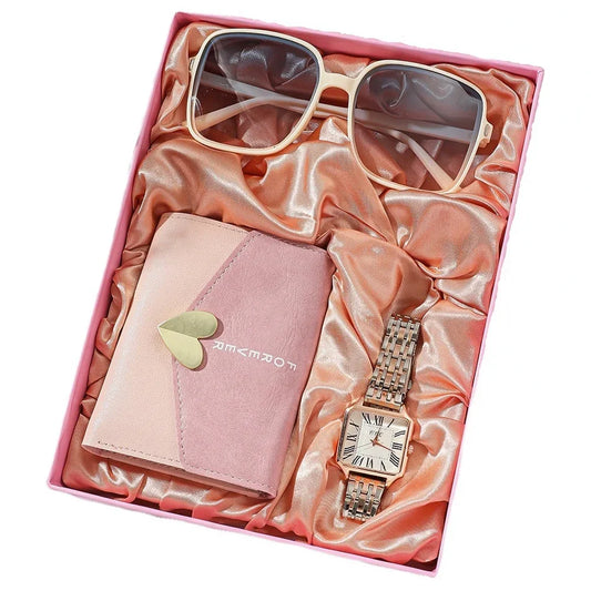 3Pcs/Set Luxury Womens Watches Set with Box Fashion Quartz Watch for Women Glasses Wallet Wristwatch Set Gifts Box Female Clock