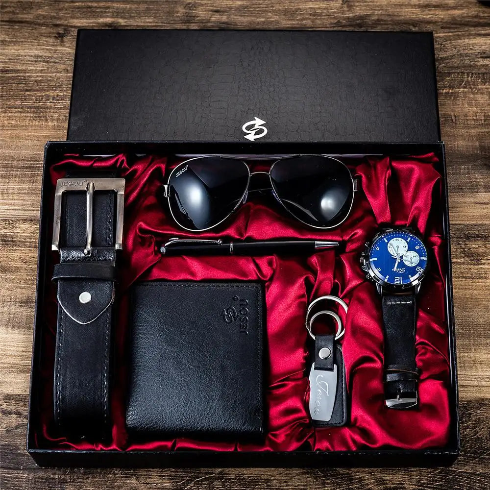 New Creative 6pcs Men's Gift Set Beautifully Packaged Watch Glasses Leather Belt Wallet Keychain Pen Gifts for Men Drop Shipping