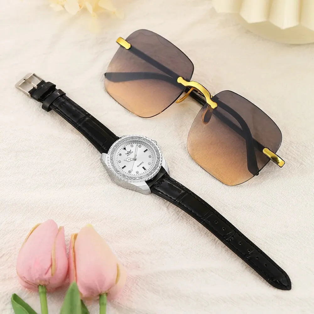 2PCS Set Women Fashion Casual Leather Belt Watches Glasses Ladies Rhinestone Dial Quartz Wristwatches Dress Clock Montre Femme