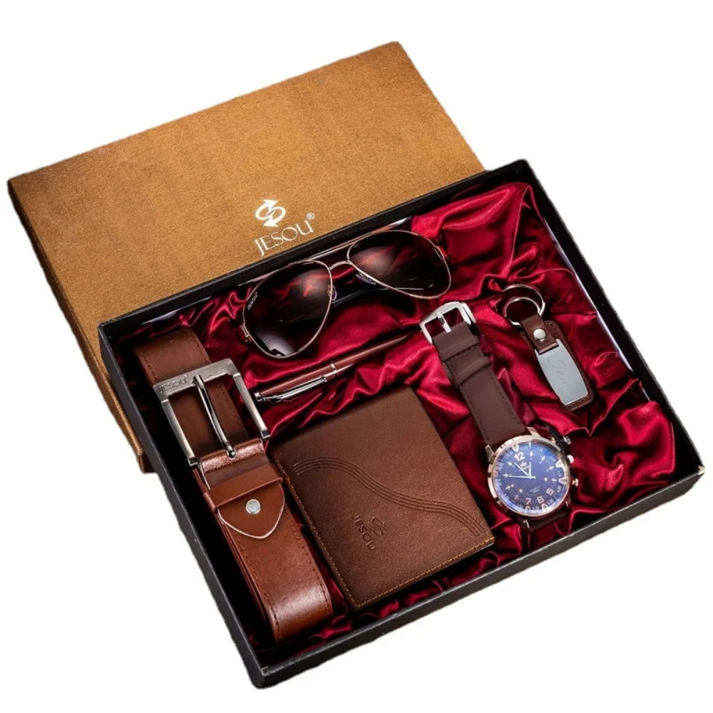 6Pcs/Set Fashion Mens Watches Set Luxury Gift Box Watch for Men Belt Glasses Keychain Pen Wallet Male Wristwatch Set with Box