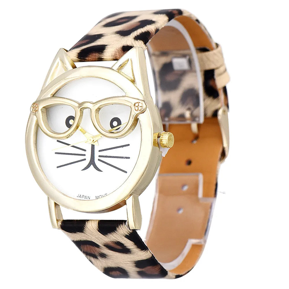 Hot Sale Fashion Cute Glasses Cat Watch Women Casual Wristwatches Leather Band Quartz Watches Ladies Girls Gifts Reloj Mujer